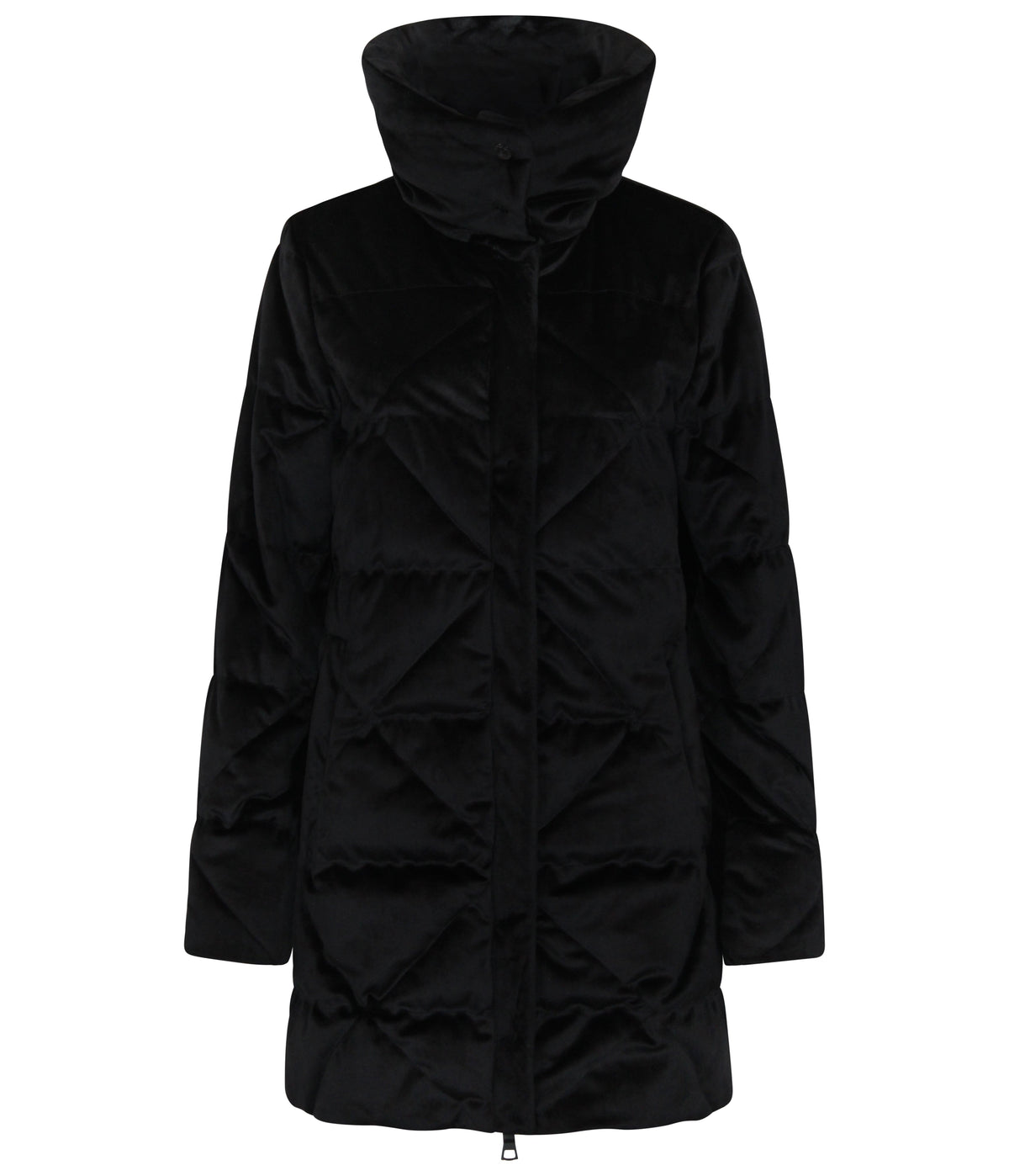 Black quilted jacket on a white background